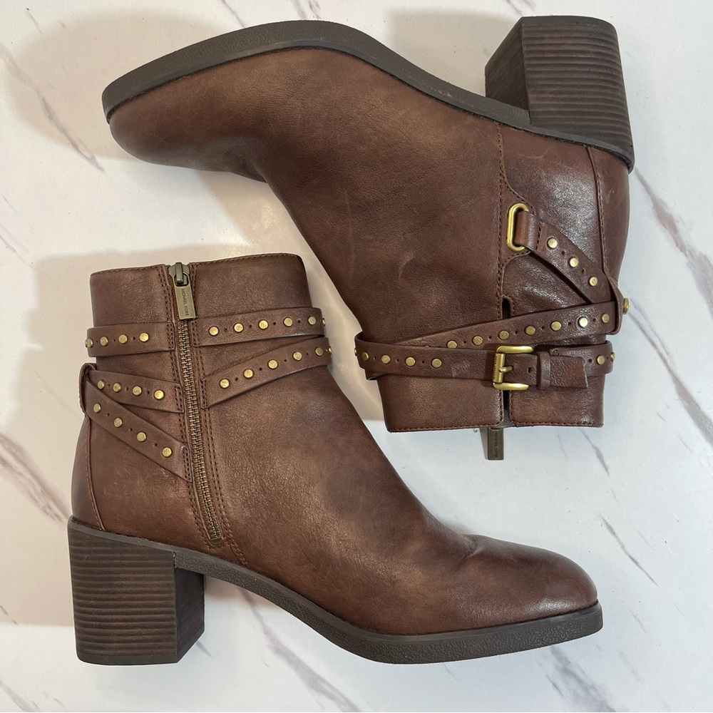 Michael Kors Brown Leather Ankle Boots with Gold Studs Buckle details 11 Western - Picture 4 of 10